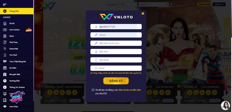 Hoàn tất đăng ký Vnloto sau khi thông tin cung cấp chính xác các thông tin